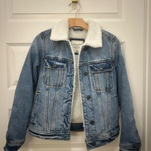 Abercrombie & Fitch Light Blue Denim Jacket with White Sherpa Lining and Collar